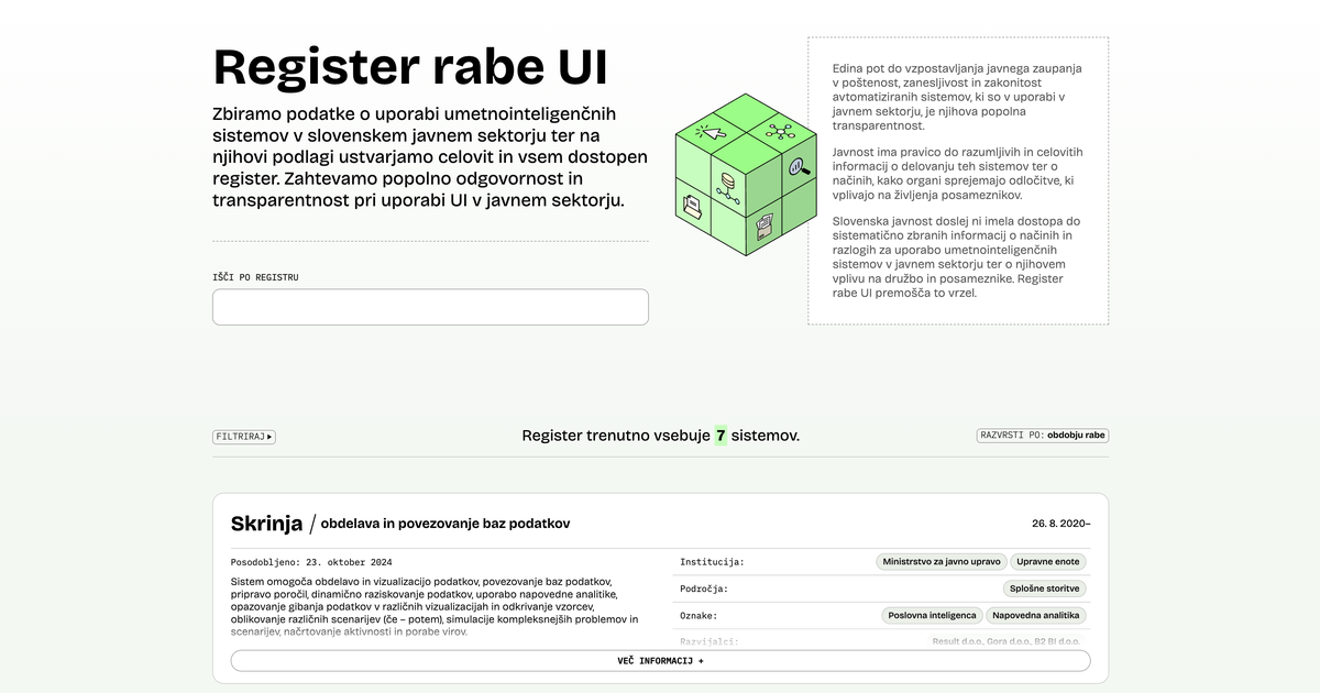 Vstopna stran Registra rabe UI, ki prikazuje osnovne informacije o spletnem mestu in prvi vnos sistema