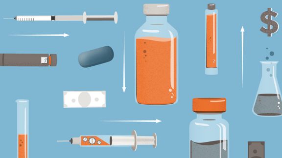 An illustration of liquid medications, injection needles, lab equipment, and money.