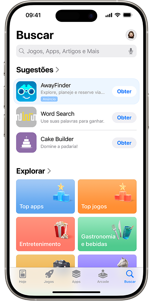 Um anúncio do app de exemplo, AwayFinder, na aba Buscar, na parte superior da lista de apps sugeridos.