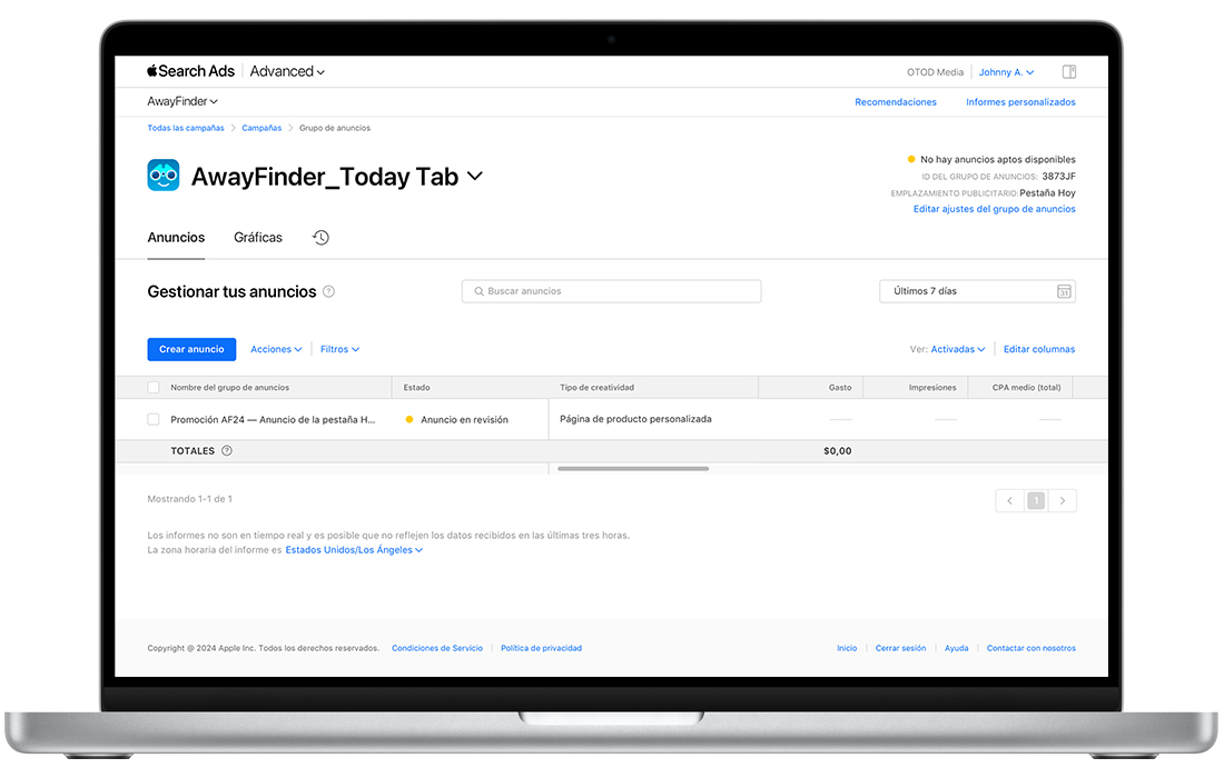 El panel Anuncios de Apple Search Ads Advanced que muestra el nombre del anuncio, el estado, el tipo de material publicitario, el gasto, las impresiones y el CPA medio de un anuncio de la pestaña Hoy.
