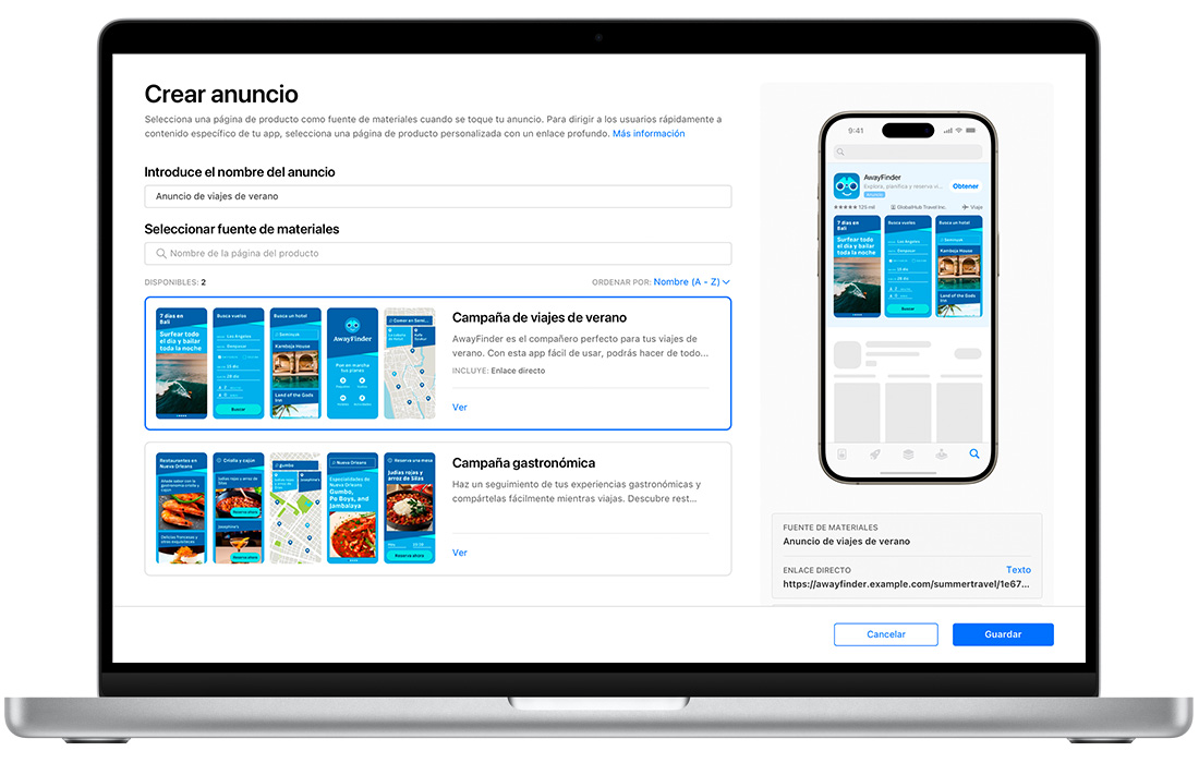 Un MacBook está abierto en la página Crear anuncio para una variante de anuncio de resultados de búsqueda en Apple Search Ads. Muestra dos páginas de producto personalizadas disponibles. El título de la variante del anuncio que se está creando es «Anuncio de viajes de verano» y se ha seleccionado una página de producto personalizada de la «Campaña de viajes de verano». A la derecha, un iPhone muestra una vista previa del anuncio.