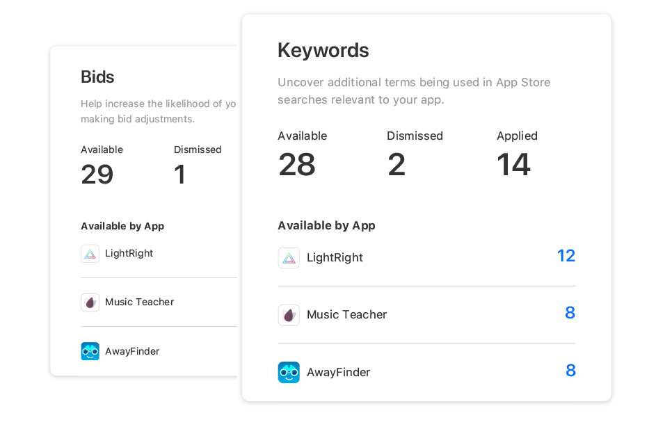 Two modals from the Recommendations page in Apple Search Ads Advanced. One shows numbers of bid recommendations available by app. The other shows numbers of keyword recommendations available by app.