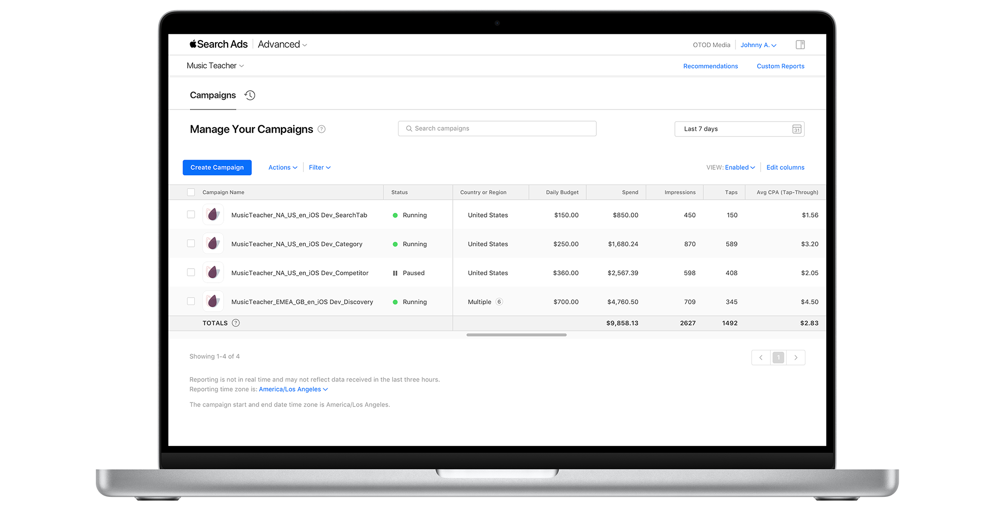 The Campaigns dashboard is open for the example app, Music Teacher. Four campaigns are listed with three running, and one paused.