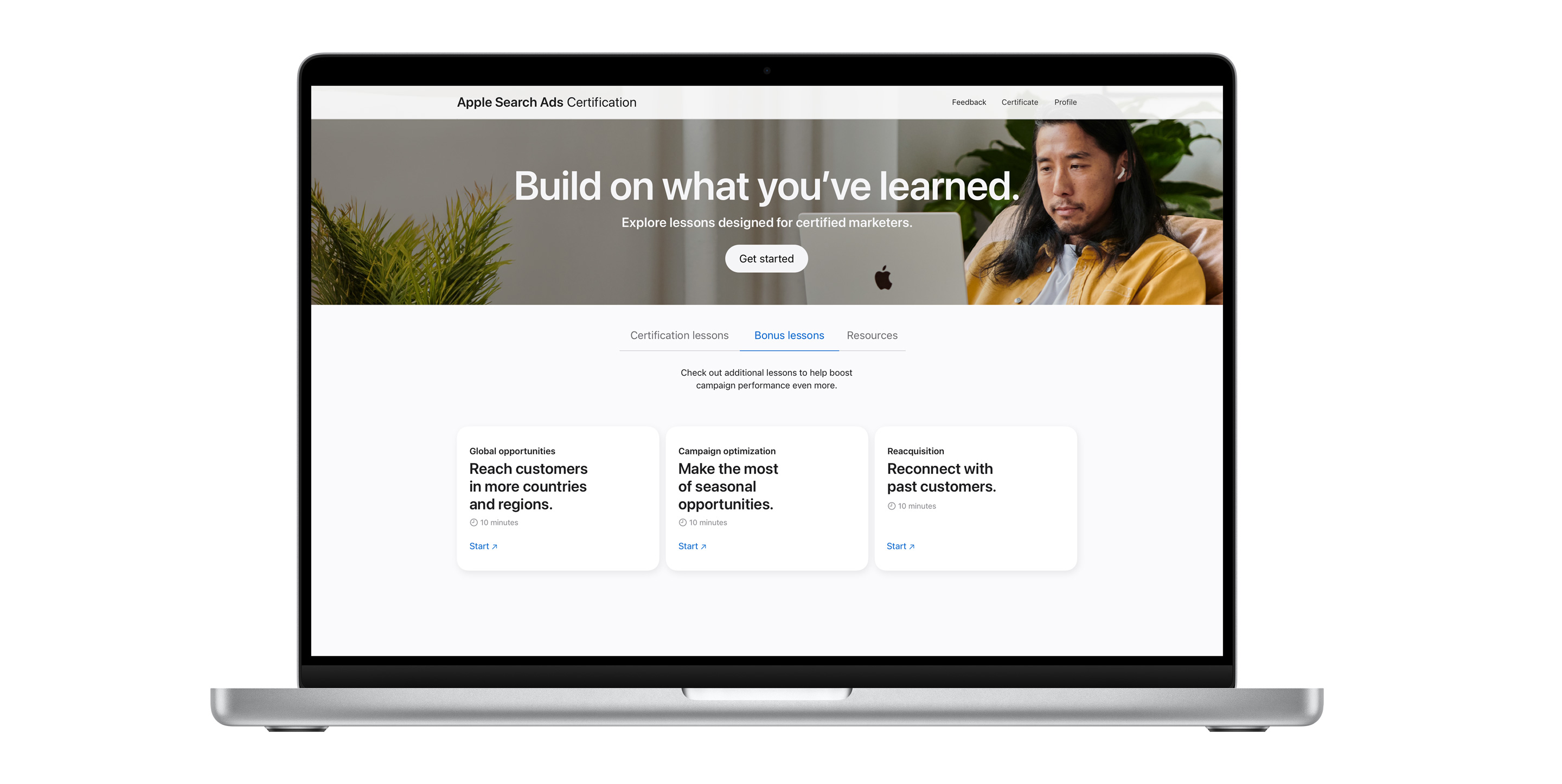 The Apple Search Ads Certification lessons page showing the bonus lessons tab. It shows three lessons to help boost campaign performance.