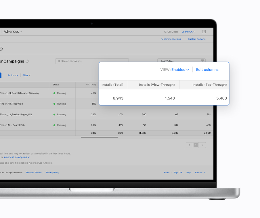 The Campaigns dashboard in Apple Search Ads Advanced with the new metrics columns, Installs (View-Through), Installs (Tap-Through), and Installs (Total) magnified.