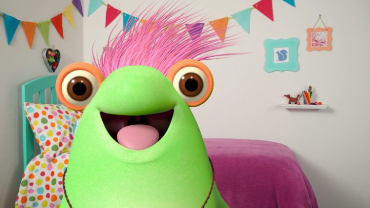 An animated green alien with pink hair smiles.