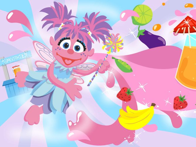 Abby Cadabby with fruit flying in the air.