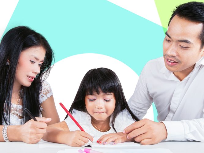 Parents help a child write