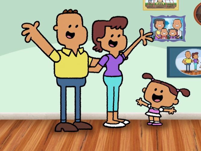 A cartoon family smiling with their arms raised in the air.