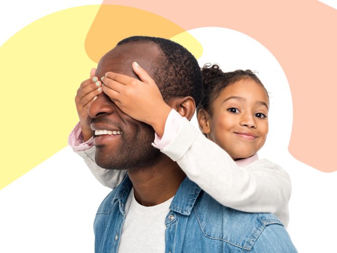 A child covering her parents eyes.