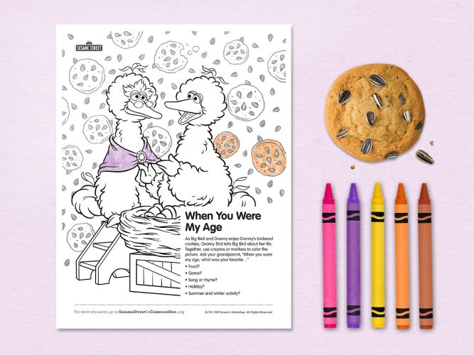 When You Were My Age coloring page featuring Big Bird and Granny Bird.