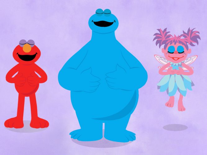 Elmo, Cookie Monster and Abby Cadabby taking a deep breath.