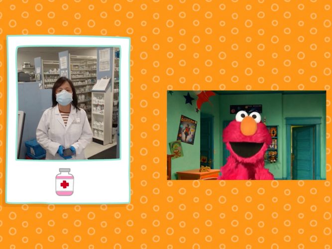 Elmo on a video call with a pharmacist.