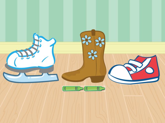 An ice skate, cowboy boot, and a sneaker.