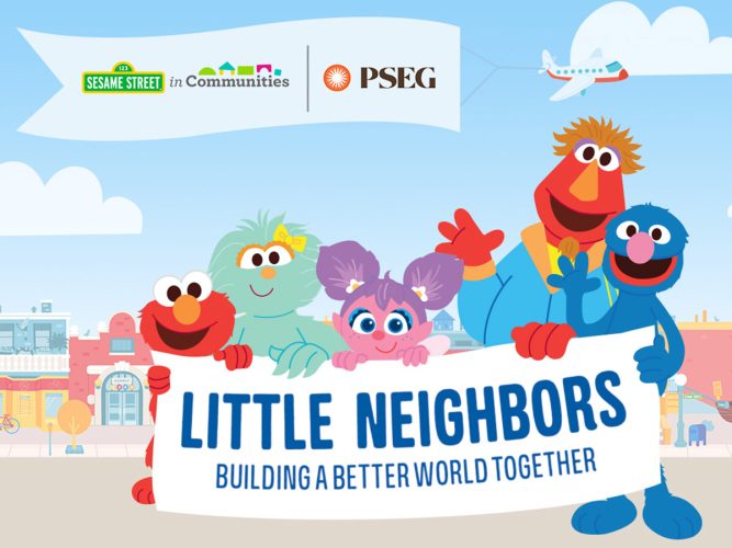 Little Neighbors banner with Elmo, Rosita, Abby, Louie and Grover.