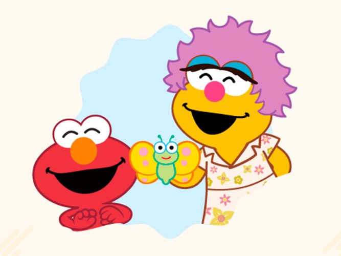 Elmo and his mom smiling with a butterfly.