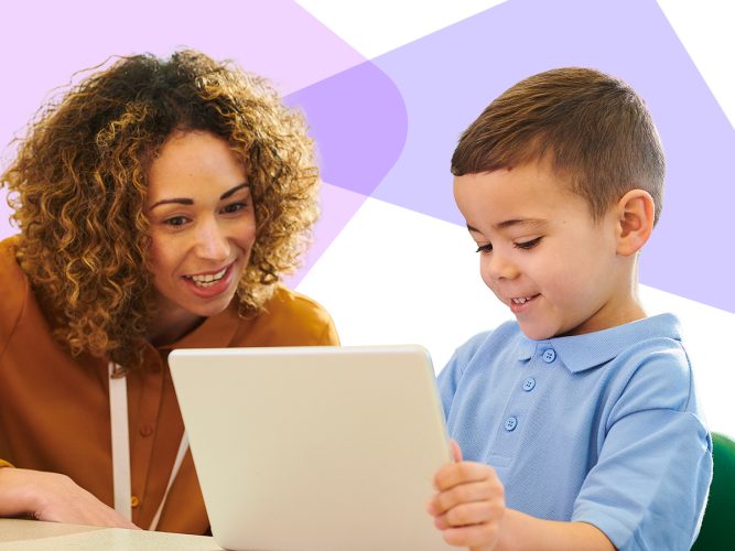 A parent and child looking at a tablet.