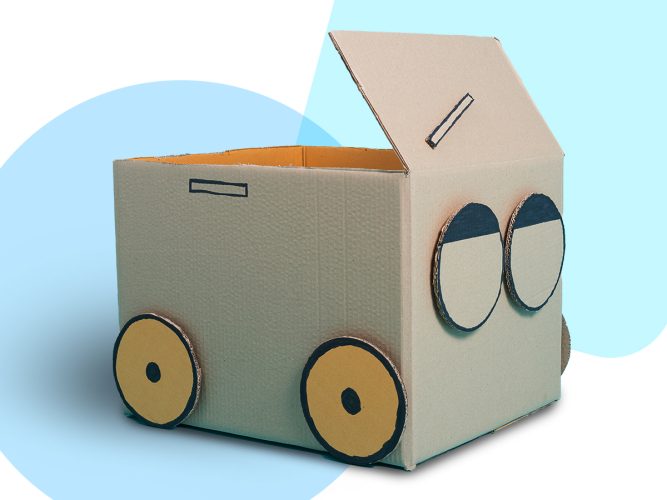 A cardboard box with eyes and wheels.