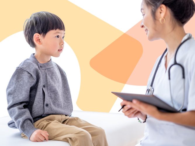 A doctor talking to a child.