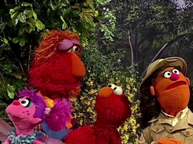 Elmo, Louie, Abby, and a Muppet ranger