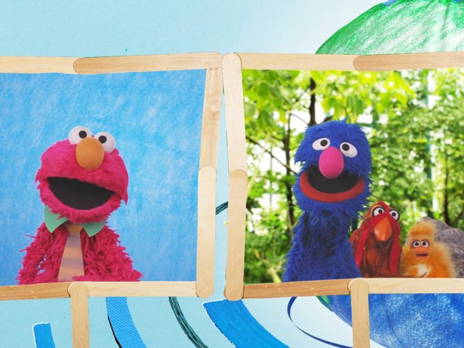 Elmo and Grover on a pretend video call.