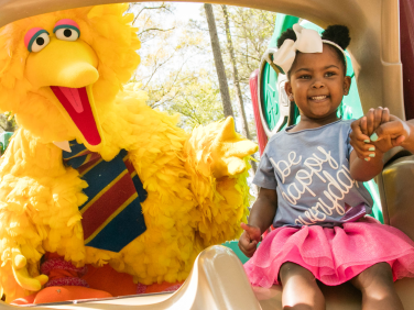 Big Bird and family helping a child down a slide.