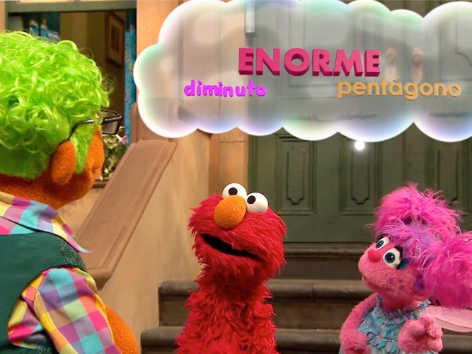 Elmo and Abby with words above them in a cloud.