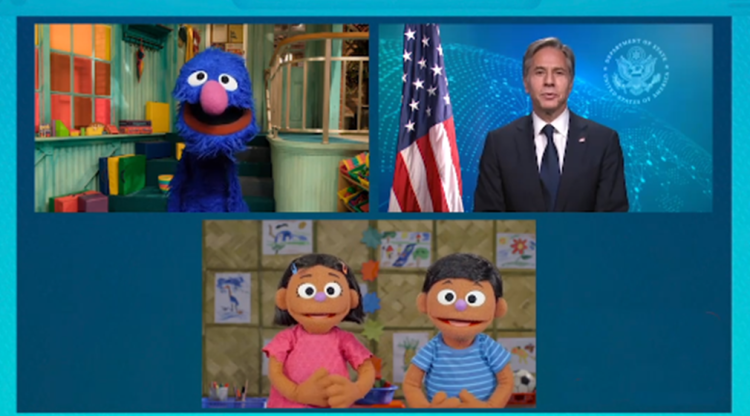 Anthony Blinken talking to Grover, Noor and Aziz.