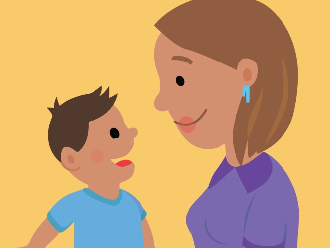 Illustration of adult and child talking