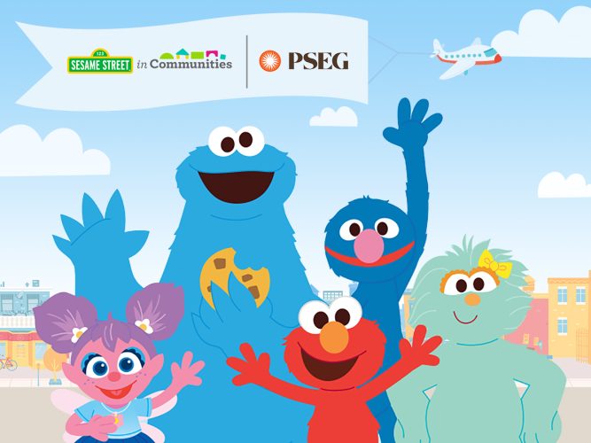 Animated Muppets wave as an airplane flies with a flag of the PSEG logo and the Sesame Street in Communities Logo.