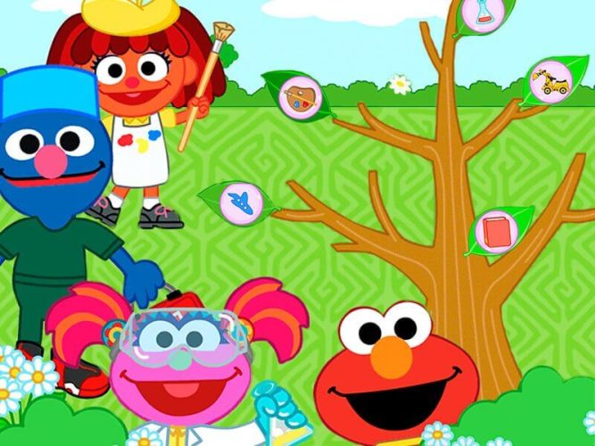 Elmo, Lola, and Muppet friends gather around a tree.