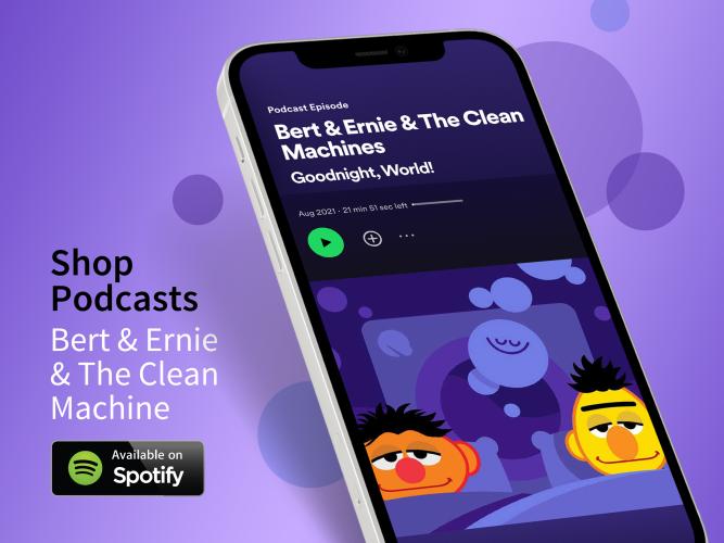 An iPhone showing the 'Bert & Ernie & The Clean Machine' podcast.