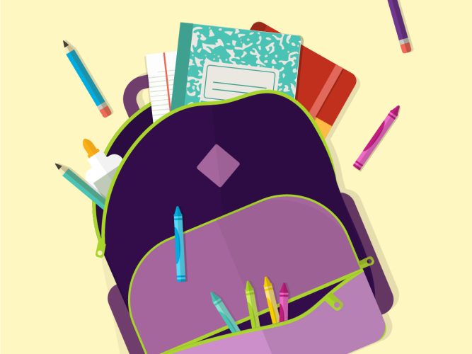 A graphic of a backpack with crayons and notebooks spilling out.