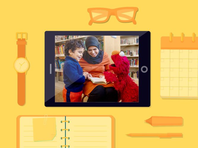 A graphic of a desk with an iPad, glasses, notebook, pens, etc.