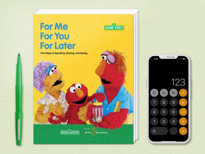 For Me, For You, For Later Printable featuring Elmo and his parents holding a savings jar.