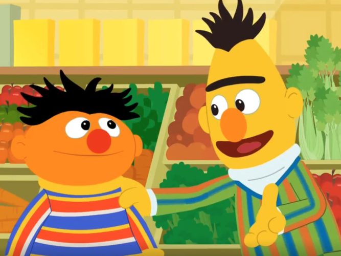 Bert and Ernie talking in a grocery store.