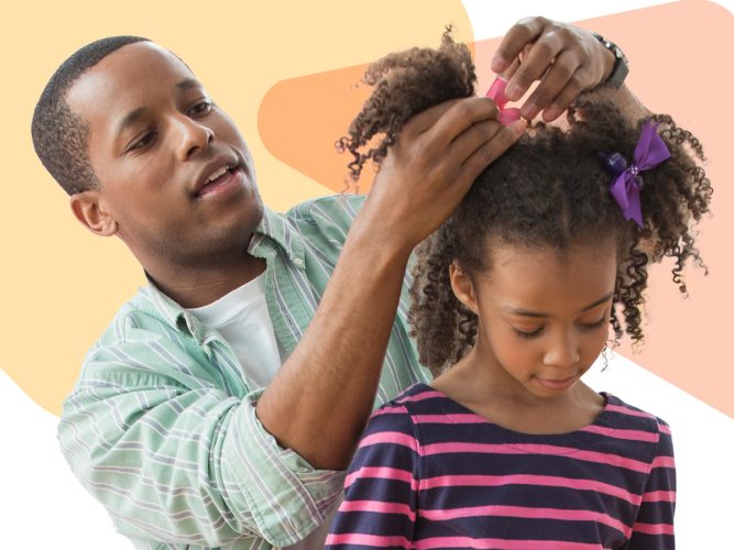 A parent styles their child's hair