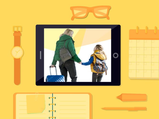 An iPad displaying a child and a caregiver going on a trip.