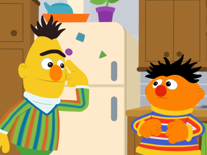 Bert and Ernie in the kitchen.