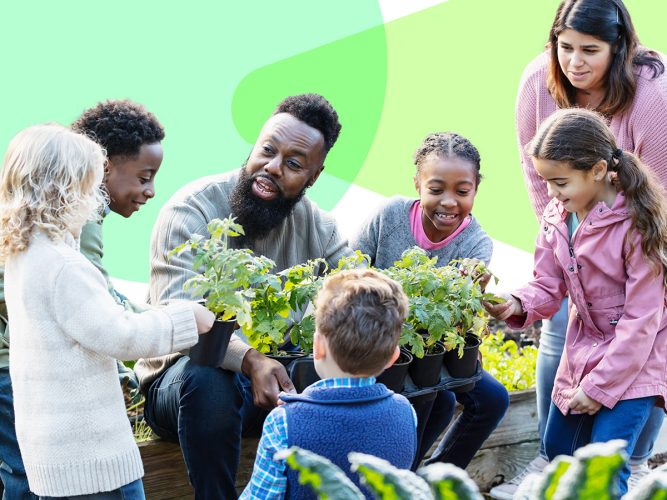 Two adults and children are engaging in nature and outdoor activities.