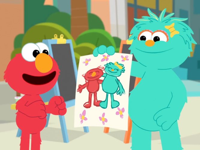 An animation of Rosita showing Elmo a drawing of them