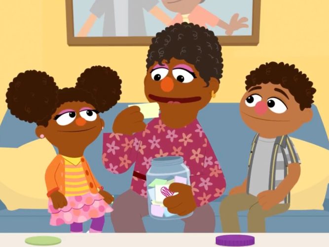 An animation of Grandma Nell, Gabrielle, and Tamir