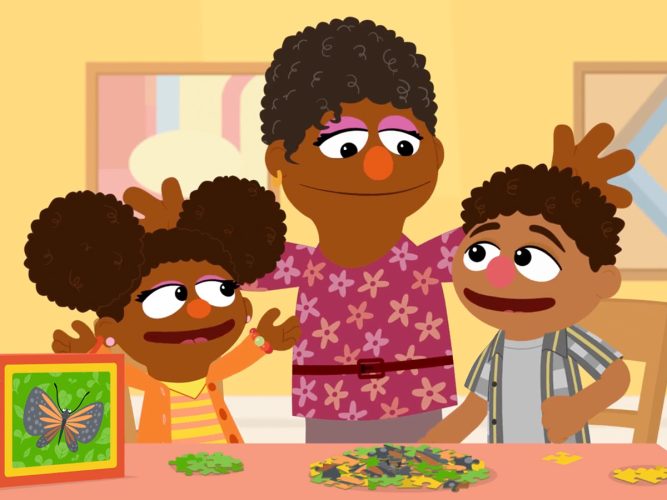 An animation of Grandma Nell, Gabrielle, and Tamir