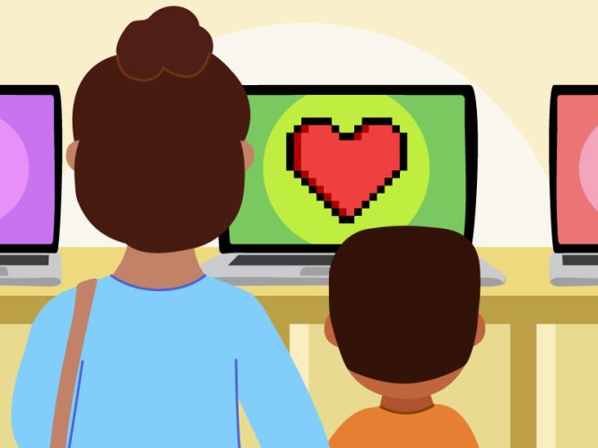 An animation of a parent and child looking at a computer