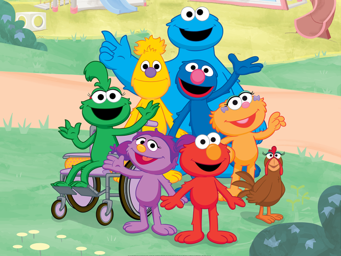 Basma, Jad, Cookie Monster, Zoe, Elmo and Ameera.