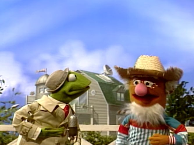 Kermit the Frog interviewing a farmer.