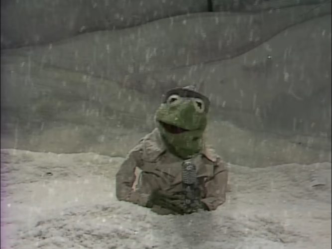 Kermit the Frog in the snow.