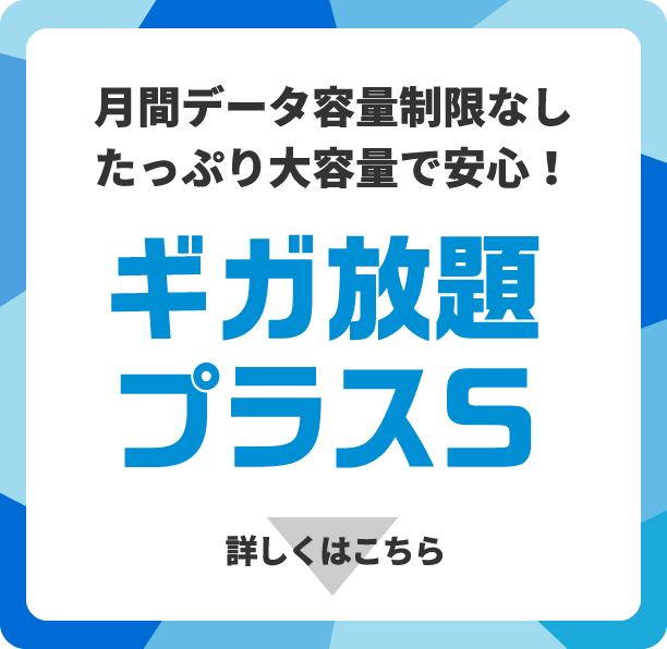 月間データ容量制限なしたっぷり大容量で安心！ ギガ放題プラスS 詳しくはこちら