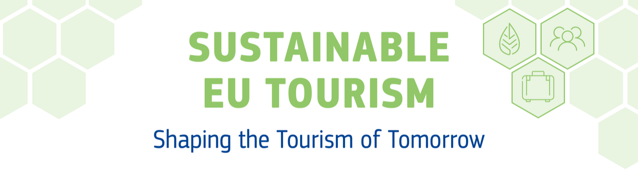 The words "sustainable EU tourism" appear, followed by text that says "shaping the tourism of tomorrow".