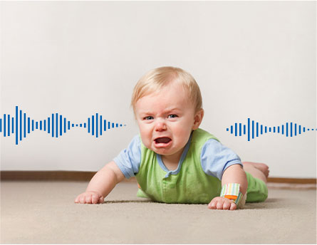 A child is crying with a sound wave curve next to it